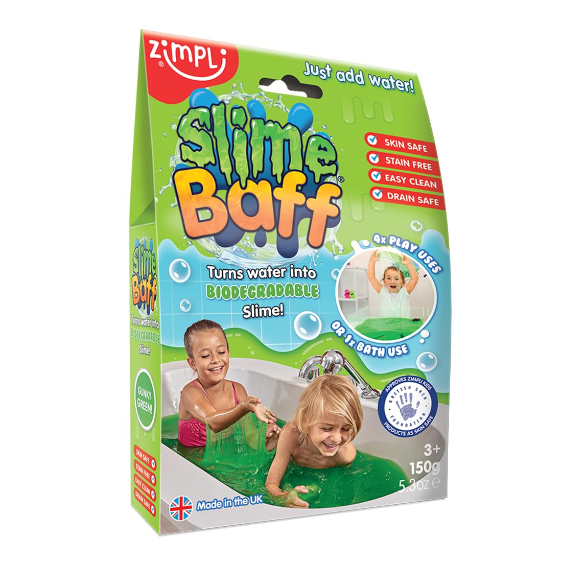 Slime Baff Green from Zimpli Kids, 1 Bath or 4 Play Uses, Magically Turns Water into Thick, Colourful Slime, Childrens Birthday