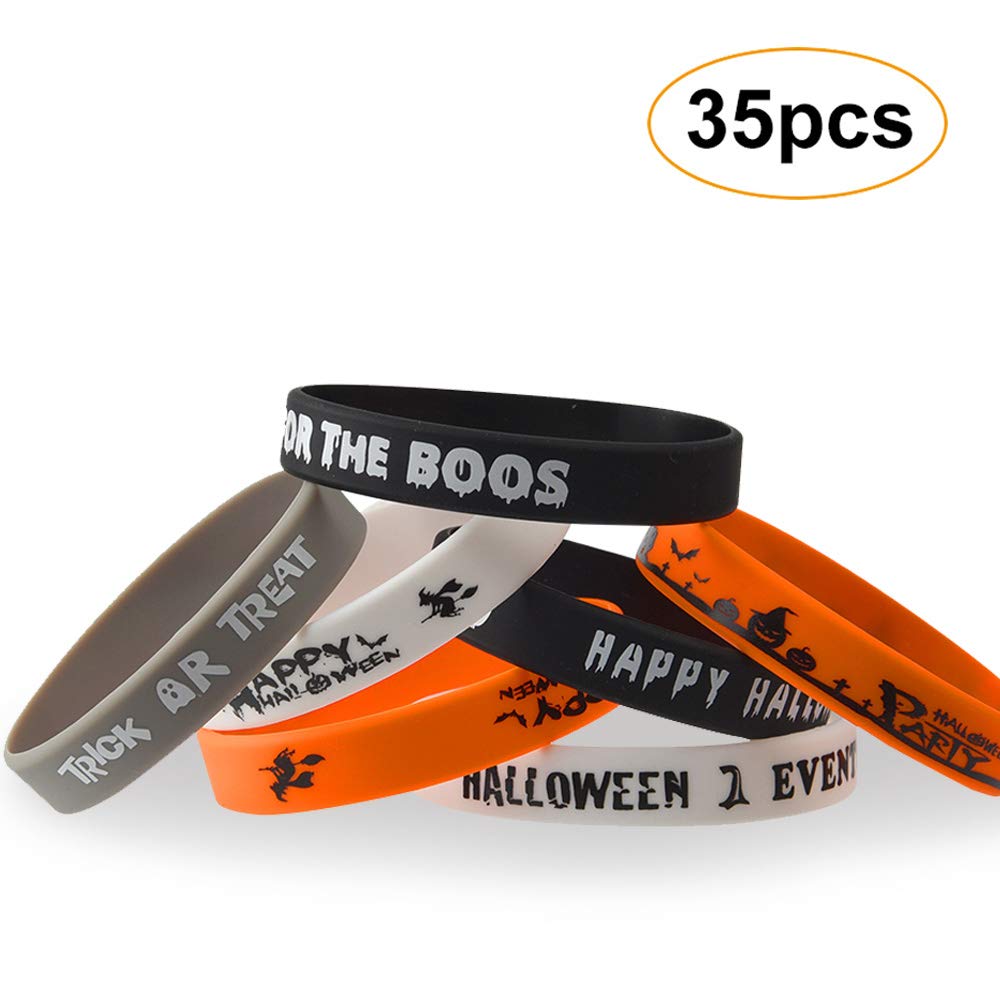 Fepito 35 Pcs Halloween Wristband Silicone Wristbands 7 Classic Halloween Patterns Rubber Band Bracelets Halloween Trick Or Trea