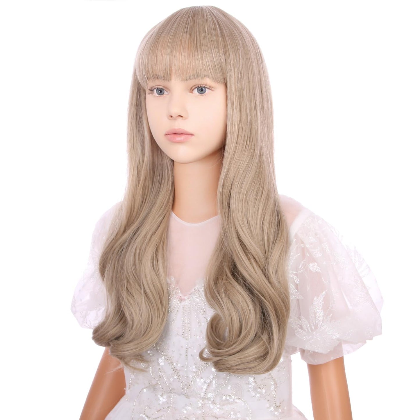 Wavelnm Kids Blonde Wig With Bangs Ash Blonde Child Wig Girls Long Wavy Curly Dirty Blonde Wig For Kids Synthetic Wigs With Wig