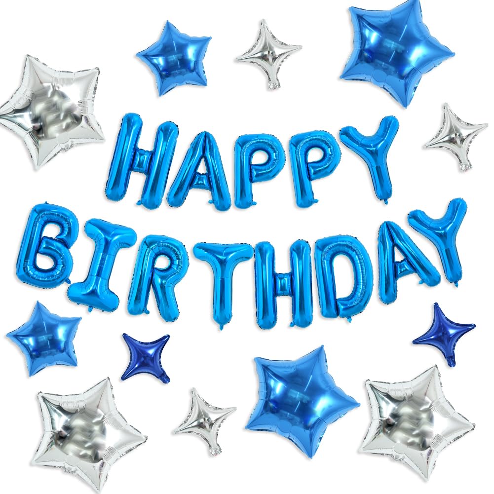 TONIFUL 35PCS 16 Inch Blue Happy Birthday Balloon Blue Happy Birthday Balloons Decorations with Star Balloons for Girls Boys Kid