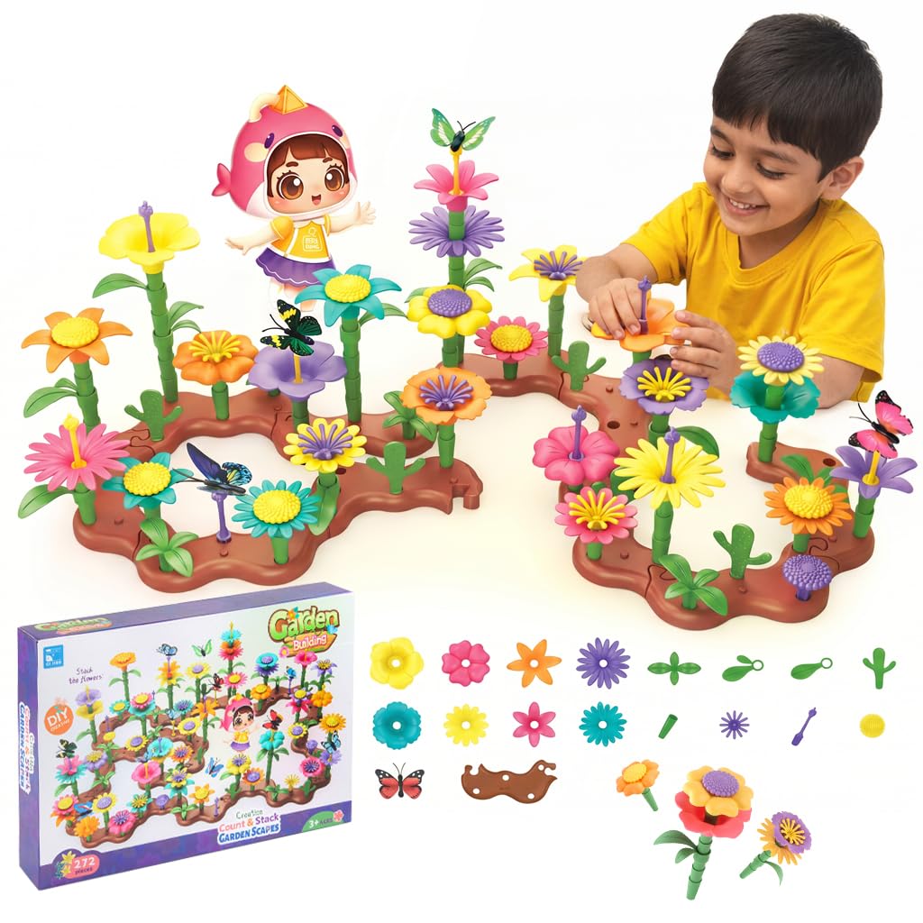 PATPAT 144 Piece DIY Flower Garden Building Toy for Kids, STEM Construction Floral Garden Playset with Interlocking Flowers, Lea