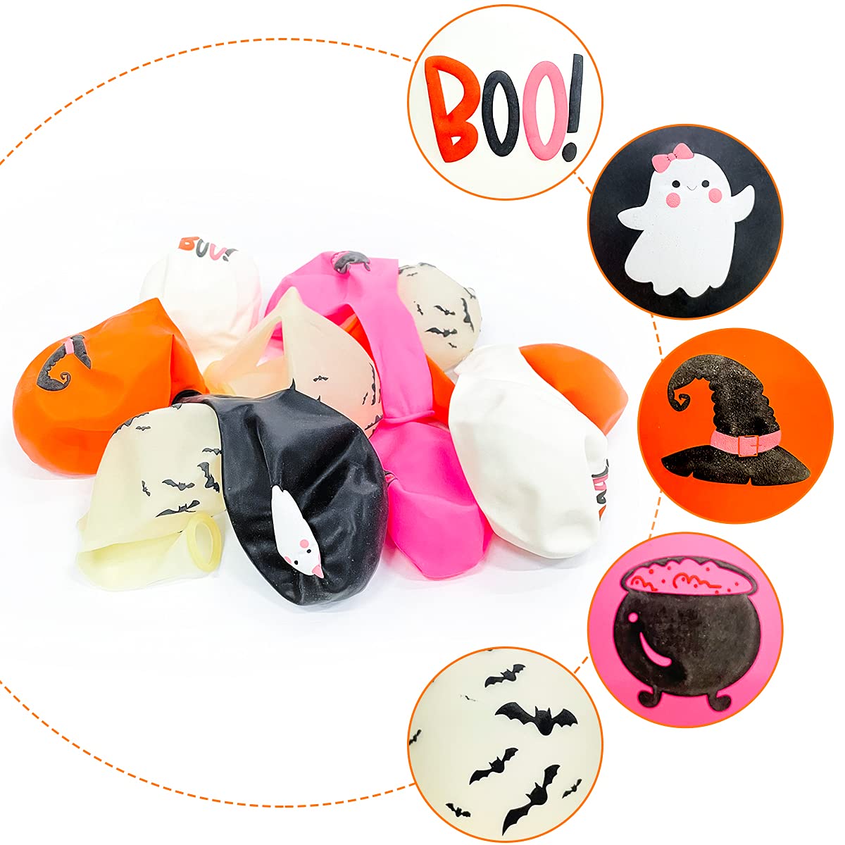 50Pcs Halloween Balloons Decor Girls Halloween Pink Orange Black White Latex Balloon With Ghost Witch Cauldron Bat Printed For H