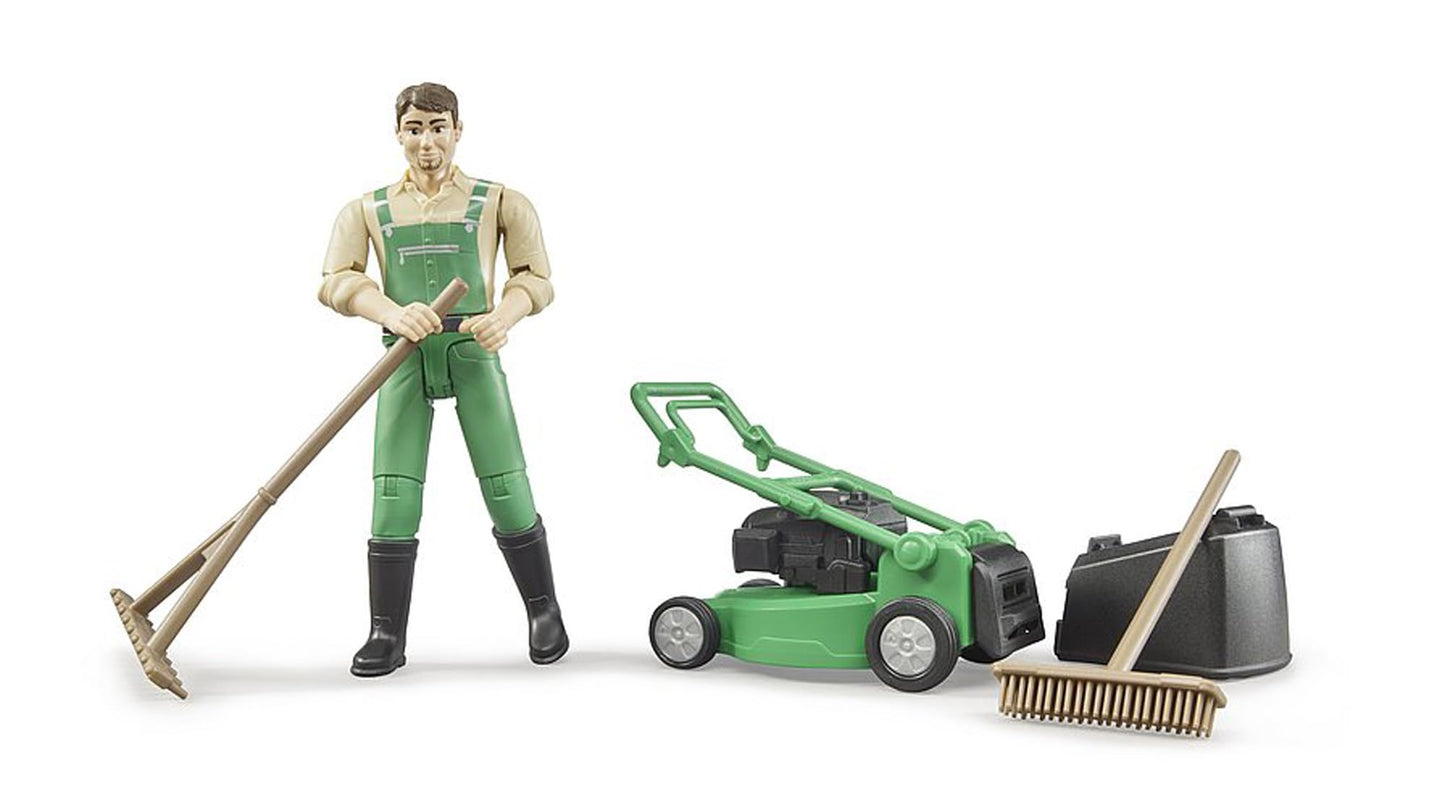 Bruder bworld Gardener with Lawn Mower - Small Green Plastic Model 62103