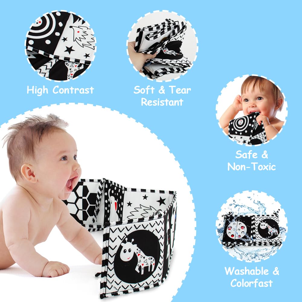 Cawgug Black And White High Contrast Soft Book For Babies 0-12 Months - Early Education Infant Tummy Time And Sensory Toys, Mont