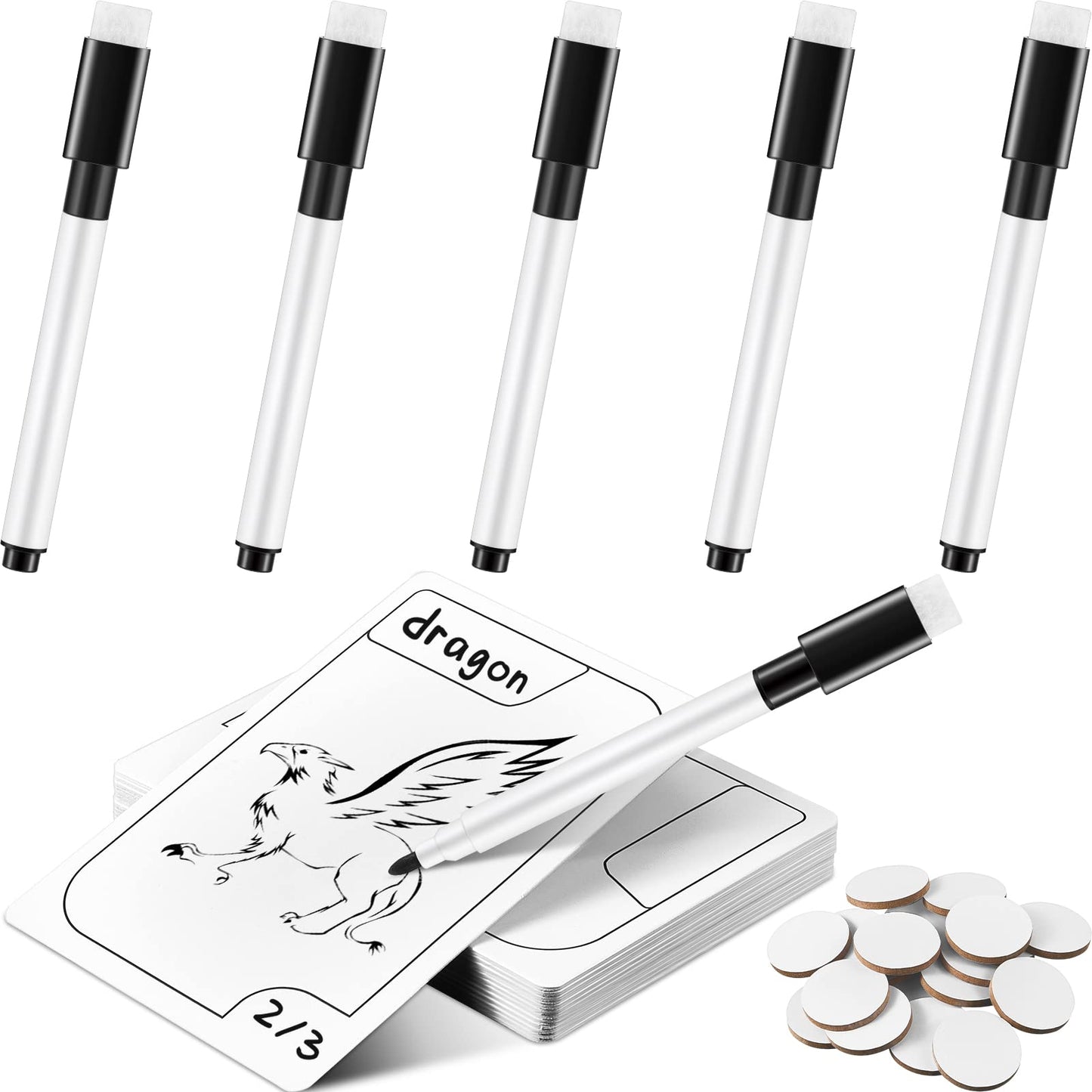 Teling 24 Pcs Reusable Cards Multifunctional Tokens Dry Erase Cards White Blank Flash Cards Erasable Index Cards, 24 White Erasable Plastic Counters Gaming Tokens Discs And 5 Marker Pens For Game