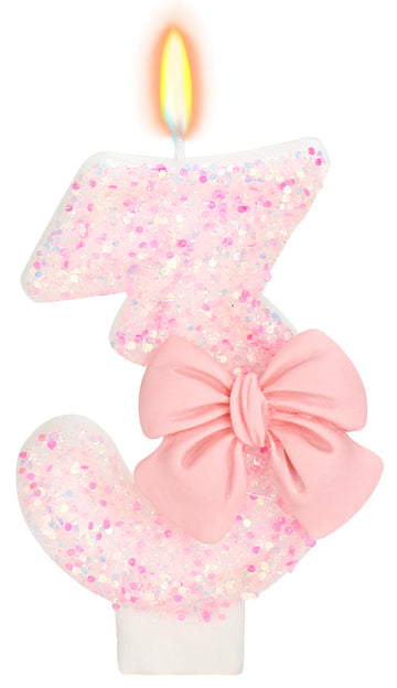 ElekFX Birthday Candle for Cake, 3 Candle - Pink Glitter with Bowknot, 2.76 inch Happy Birthday Candle, Cake Topper Decoration f