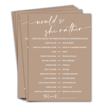 Bridal Shower Games Cards, Would She Rather Bridal Shower Game for 25 Guests, Engagement Party Wedding Games for Guests, Minimal