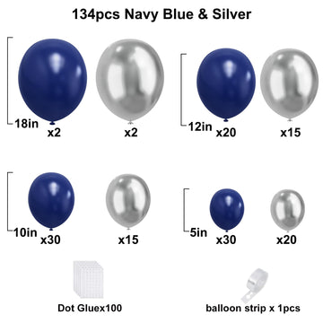 Blue And Silver Balloons Arch Garland Kit, 134Pcs Navy Blue And Silver Balloons With Different Size For Birthday Party Baby Show