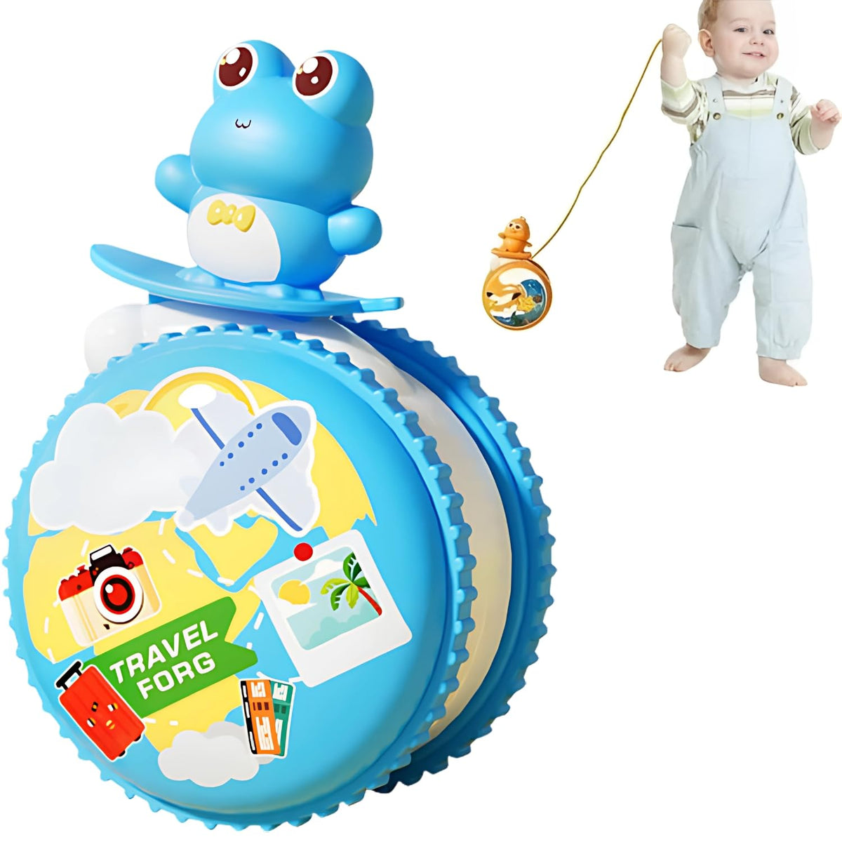 Bomriz Baby Pull Along Toy For Toddlers 16 Years, Cute Frog Design, Rolling Drum Walking & Crawling Activity Toy With Rope, Ear
