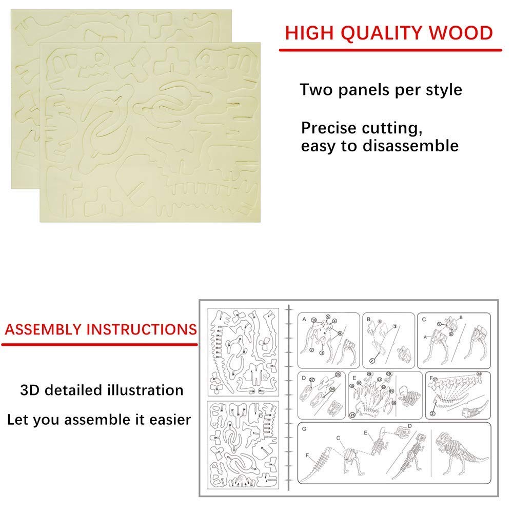 3D Wooden Crafts Puzzle - 3 Piece Set Wood Dinosaur Skeleton Model Puzzle - Diy Wooden Assembly 3D Puzzle Toys Gifts For Kids Boys Teen Adults