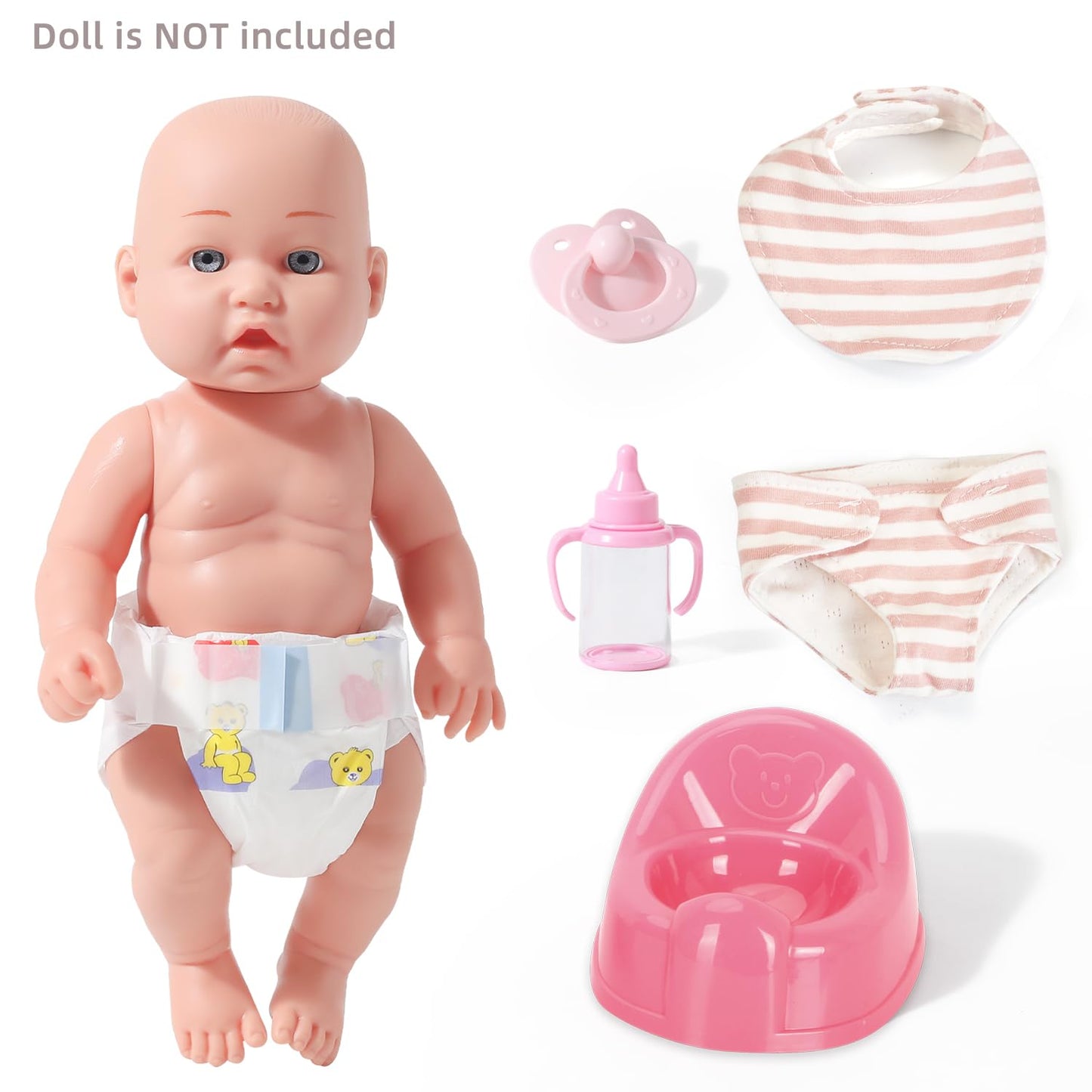 Edollable Realistic Baby Doll Accessories Set Toys For 12 Inch Dolls Includes Doll Potty, Bib,Pacifier,Diaper And Feeding Bottle