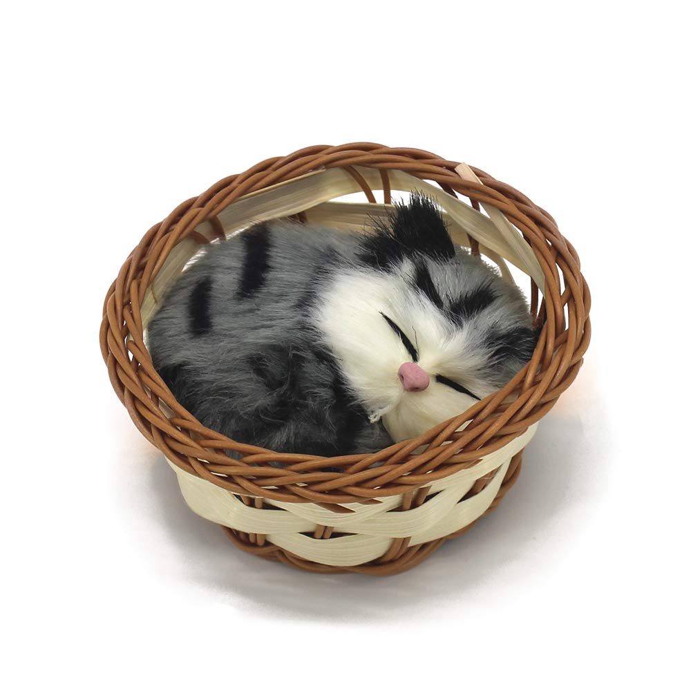 Coolayoung 2Pcs Sleeping Cat In Basket Doll Toy, Mini Kitten In Woven Basket With Meows Sounds Decor For Office Desk Hand Toy Gift For Kids Boys Girls