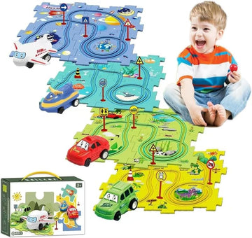 4 Sets 4In1 Puzzle Racer Kids Car Track Set,4 Theme Jigsaw Puzzle Racer Car Track Set Puzzle Track Car Play Set Puzzle Raceway C