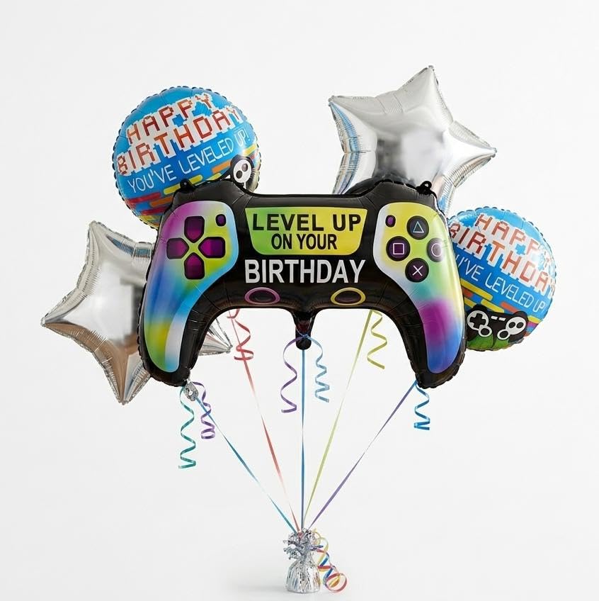 Atpata Funky Gamer Epic Birthday GAME ON! Foil Balloons (Set of 5) Video Game Theme Level Up Birthday Party  Gaming Console Sha