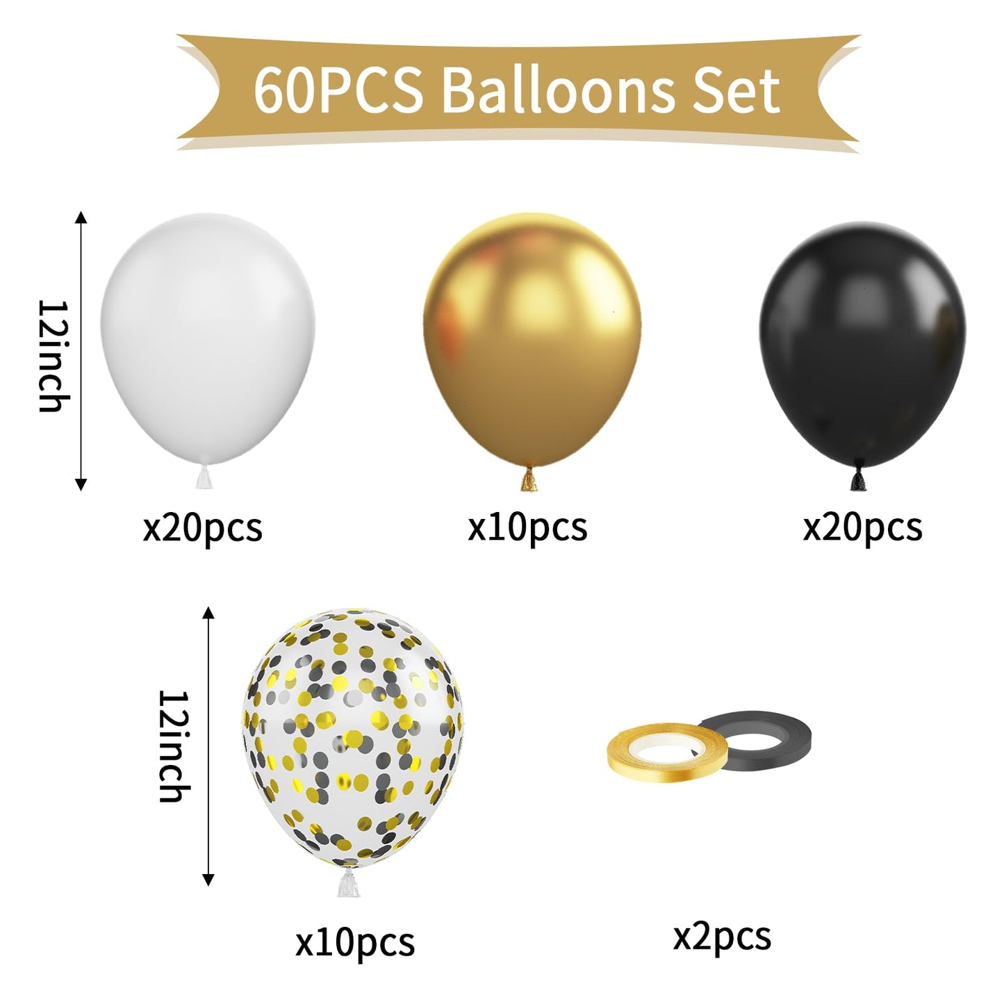 Paready Black Gold Balloons, 60 Pcs Black White Party Balloons 12 Inch Metallic Gold And White Latex Balloons Gold Black Confett