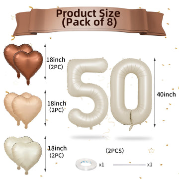 Biapian 40 Inch Cream Number 50 Balloons, 8Pcs Large Foil Number 5 & 0 Balloons With 18'' Cream White Heart Balloon For 50Th Yea