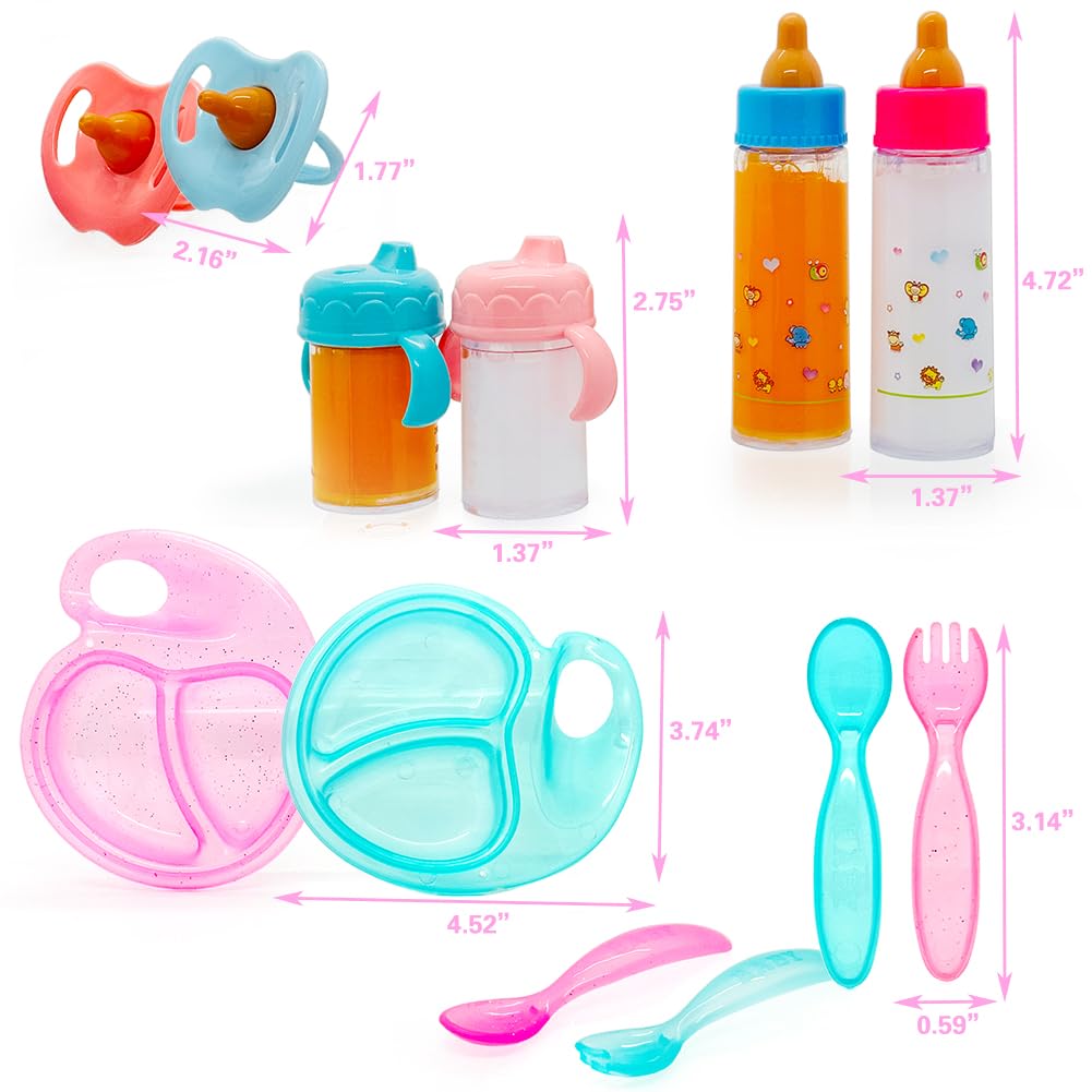 Baby Doll Accessories Magic Bottle Set Magic Disappearing Milk Juice Bottles Sippy Cups With Pacifiers Bowl Spoons, Doll Bottle Toys Feeding Pretend Playset For Kids Girls Ages 3+ (Middle Set(12Pcs))