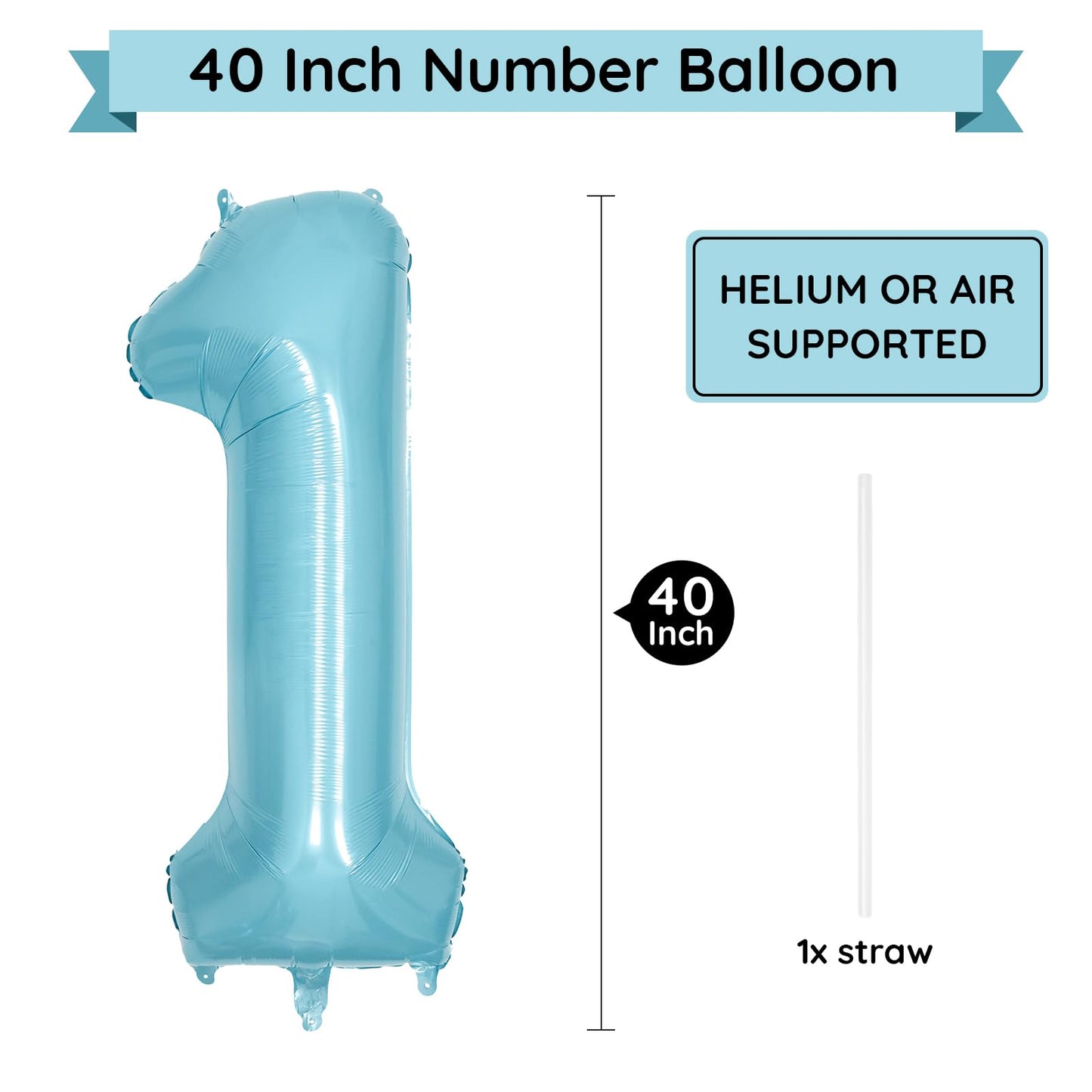 Paticool 40 Inch Blue Number Balloon 1, Large Light Blue Number Foil Mylar Balloons For Birthday Party Celebration Decorations S
