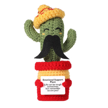 Funny Positive Cactus Crochet Potato Toy, 6.69 Inch With Mustache Knitted Fabric With Encouragement Card Wool Emotional Support Plush Plant Doll For Party Gifts Mexican Cinco De Mayo Carnivals