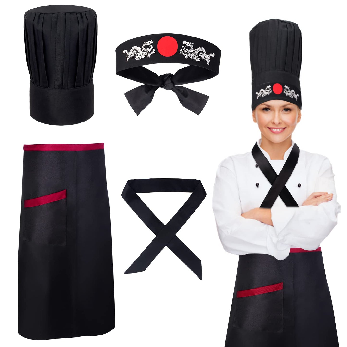Keymall Hibachi Chef Tall Hat and Apron Costume Set with Headband Tie for Japanese Cuisine Lovers and Hibachi Enthusiasts