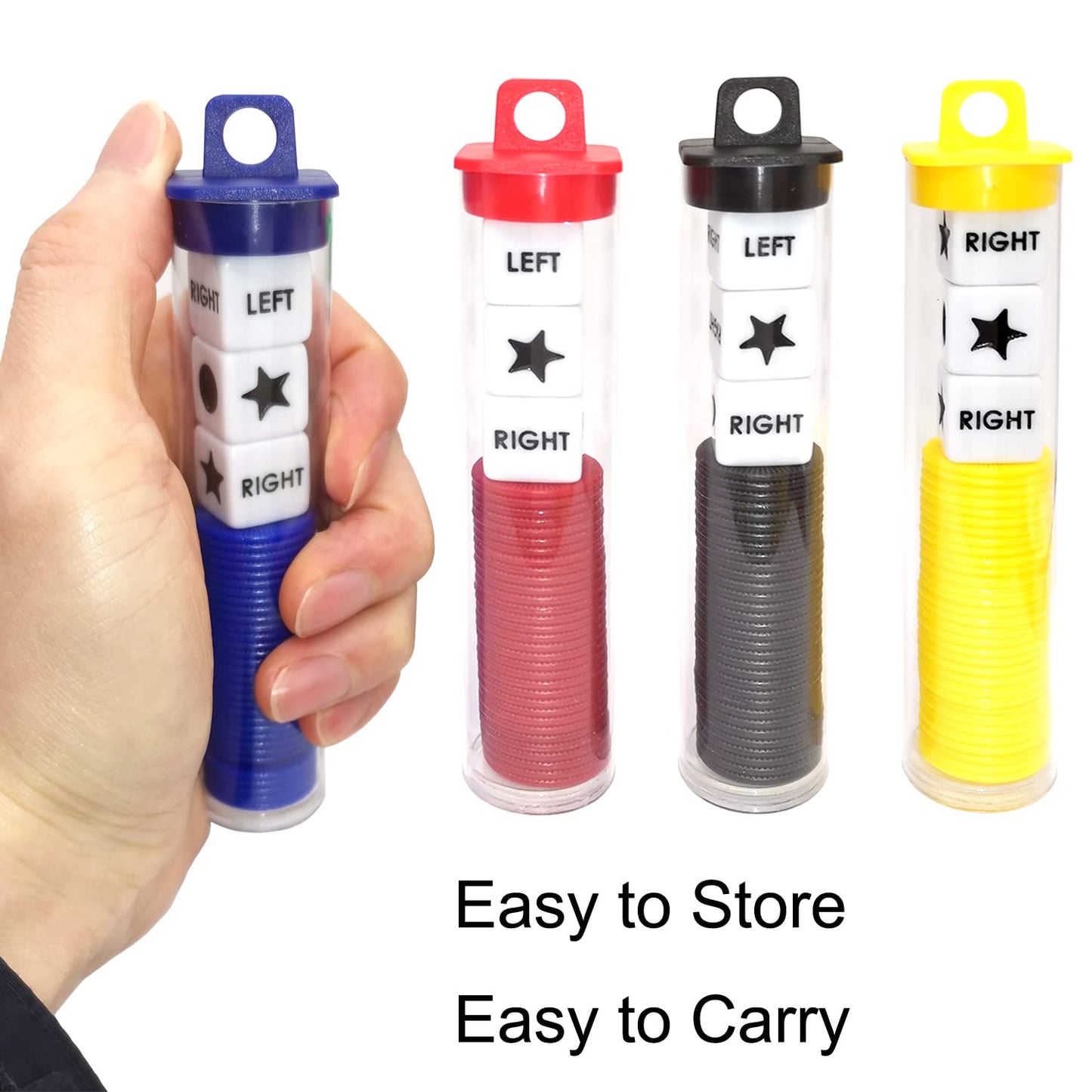 Ahoper Left Right Center Dice Game Prime Set Bundle With 3 Dices + 36 Chips. Round Tube Storage Is Very Convenient For Travel. Easy To Store, Carry Around. (4 Pack)