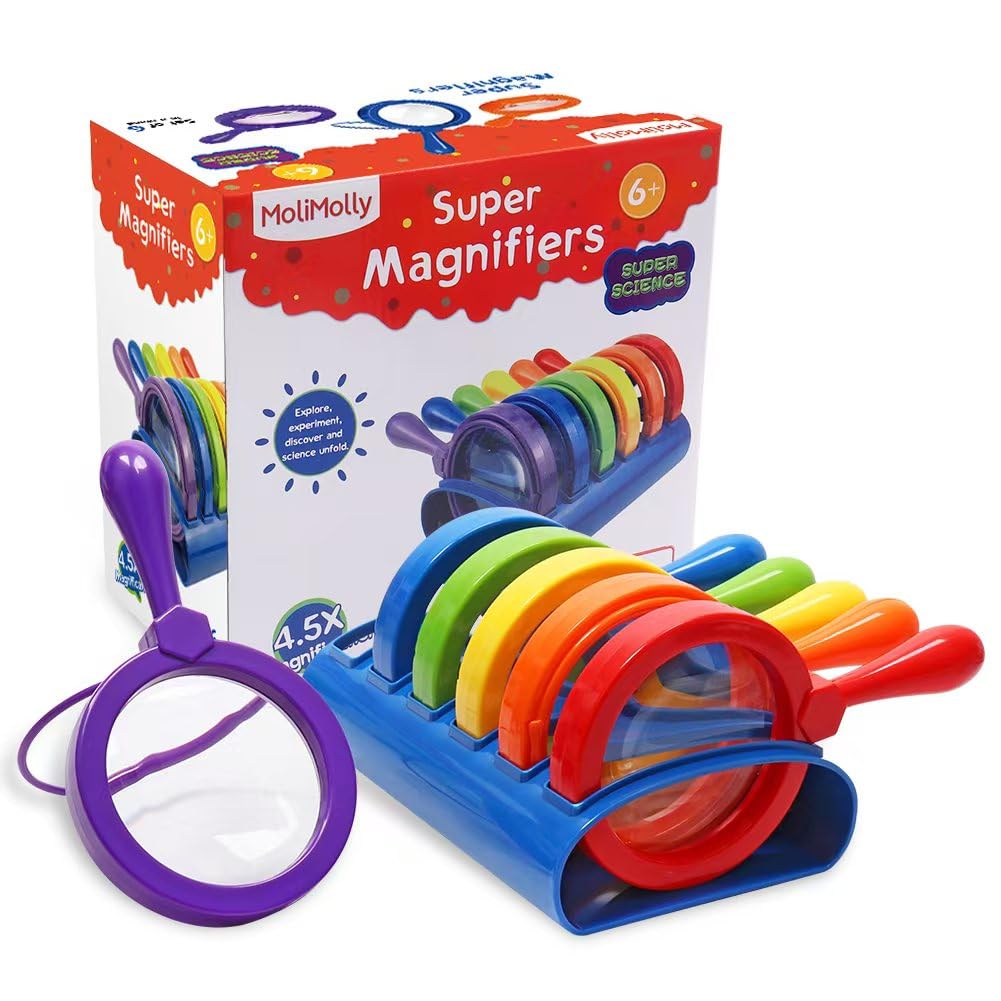 MOLIMOLLY Kids Jumbo Magnifying Glass with Stand- 6 Pieces,Ages 3+, Easy Grasp Primary Science Magnifiers with Stand,Science Cla