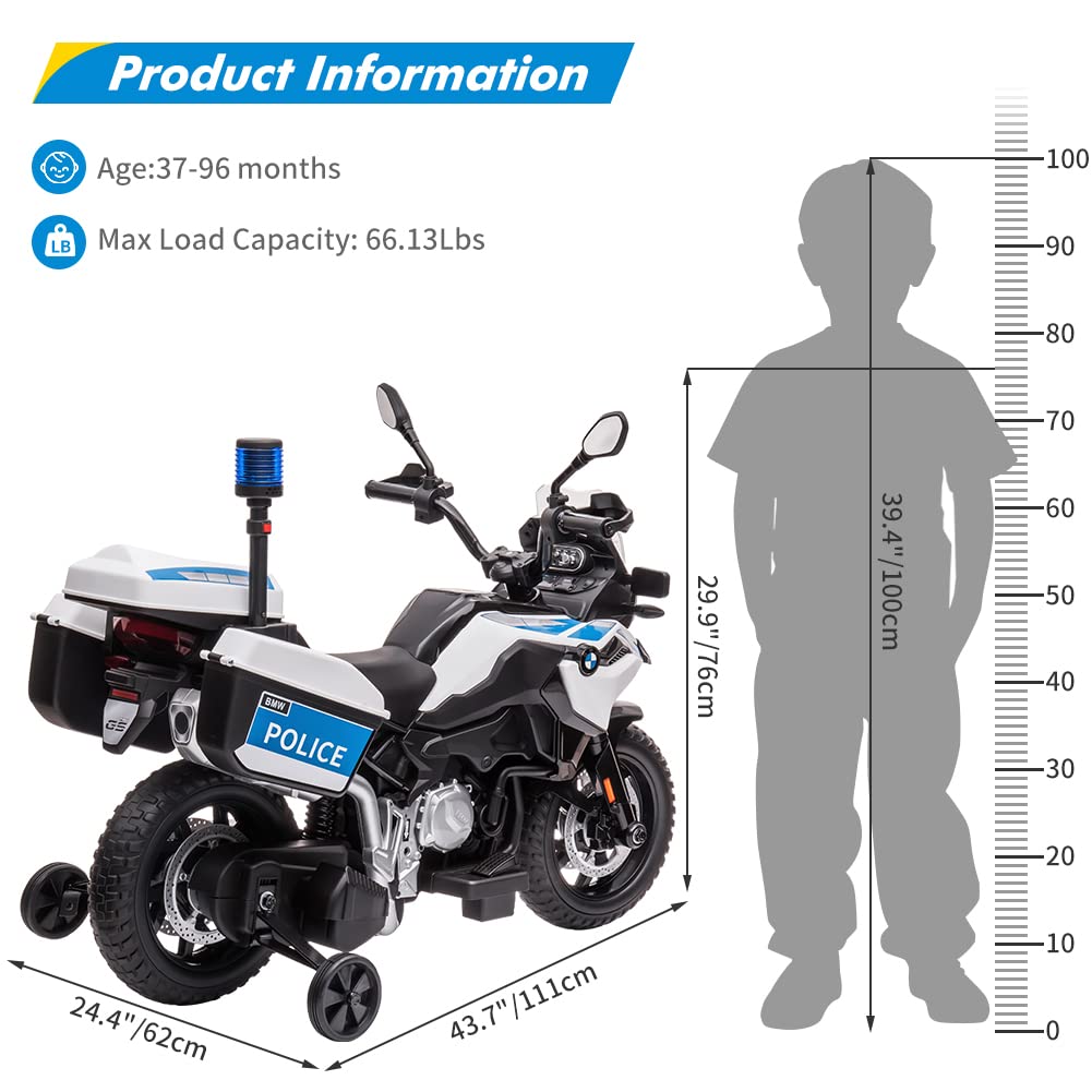 12V 7Ah Kids Motorcycle, Ride On Police Motorcycle, Licensed Bmw Kids Car With High/Low Speed, 2 Storage Boxes,Warning Lights An