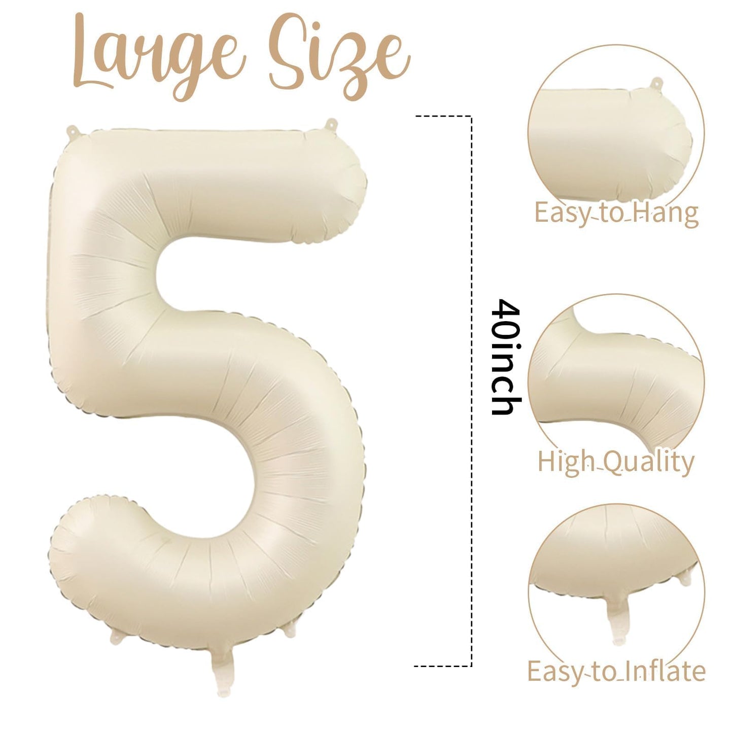 40 Inch Cream White 5 Balloon Numbers, Large Number 5 Balloon Foil Helium Number Balloons, Big 5 Mylar Birthday Balloons For Boy