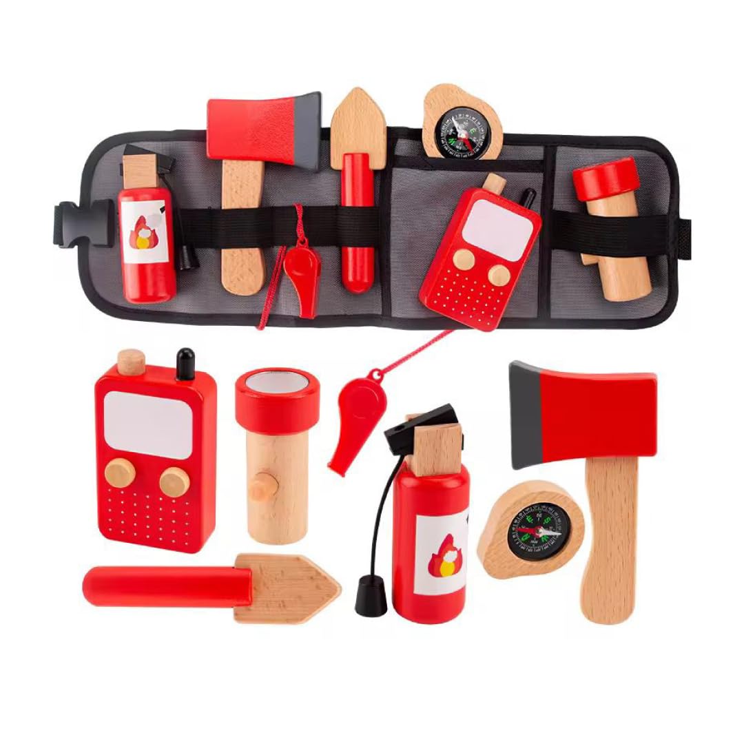 Kids Firefighter Pretend Play Set with Wearable Belt | Wooden Fireman Role Play Toy Kit with Axe, Walkie Talkie, Torch, Extingui