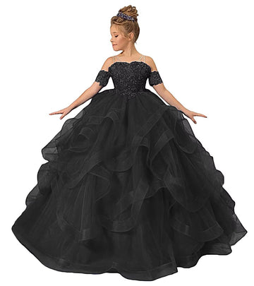 ZPVP Princess Flower Girl Dress for Wedding Long Tulle Girls Pageant Dress Puffy Ruffles Beaded Appliques Party Costumes Black U