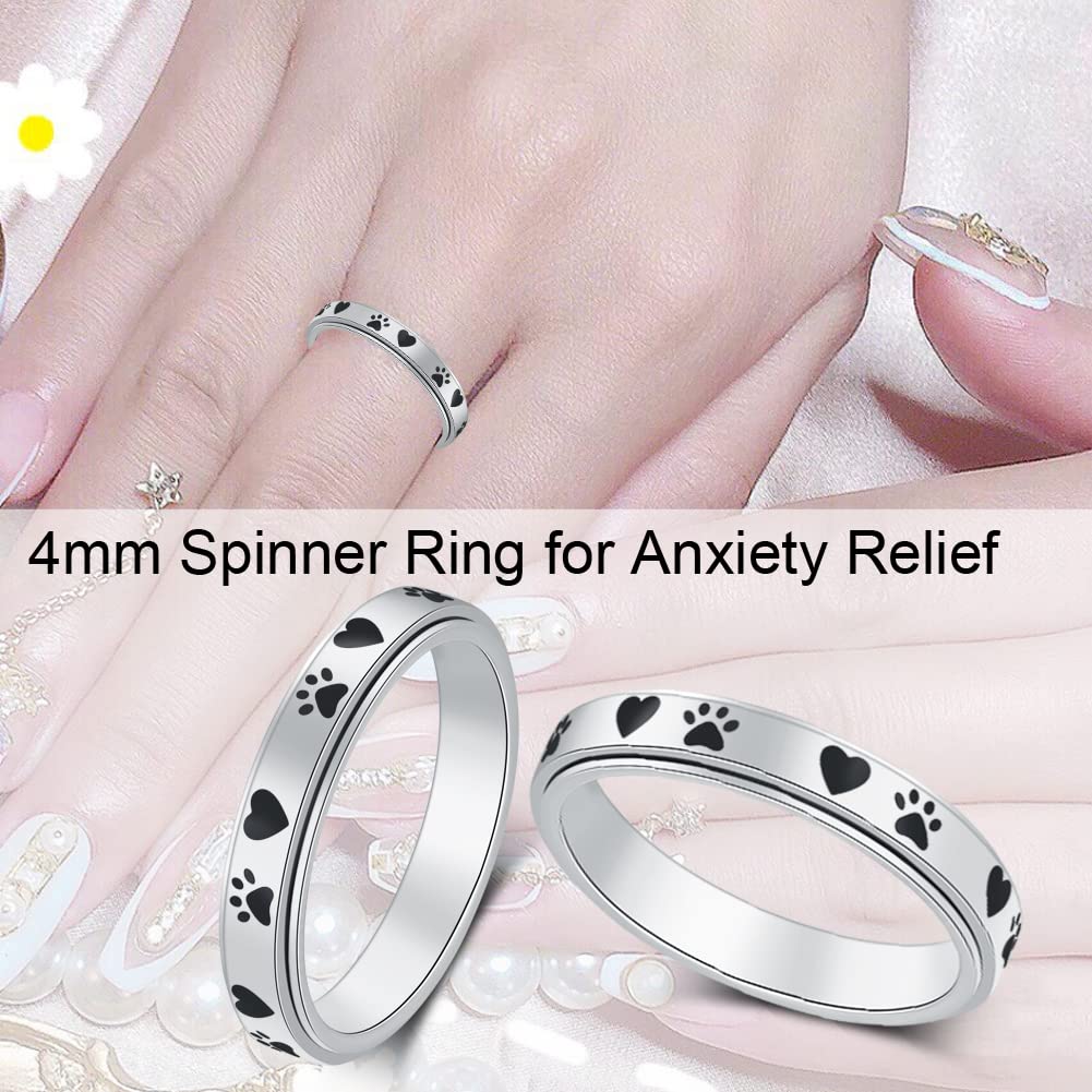 Amorartsky Spinner Ring For Anxiety Relief Fidget:Puppy Pet Lovers Paw Print Ring Anxiety Ring For Women,Titanium Stainless Stee