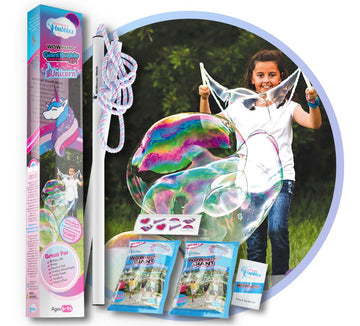 Wowmazing Giant Bubble Kit: Unicorn - Incl. Wand, 2 Big Bubble Concentrate Pouches And 8 Sun-Activated Magical Stickers | Outdoo
