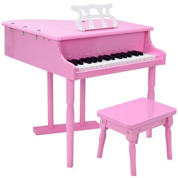 Goplus 30-Key Classical Kids Piano, Mini Grand Piano Wooden Learn-To-Play Musical Instrument Toy With Bench, Piano Lid, Music Rack, Gift For Boys Girls Aged 2+ Baby Tollder (3 Straight Leg-Pink)