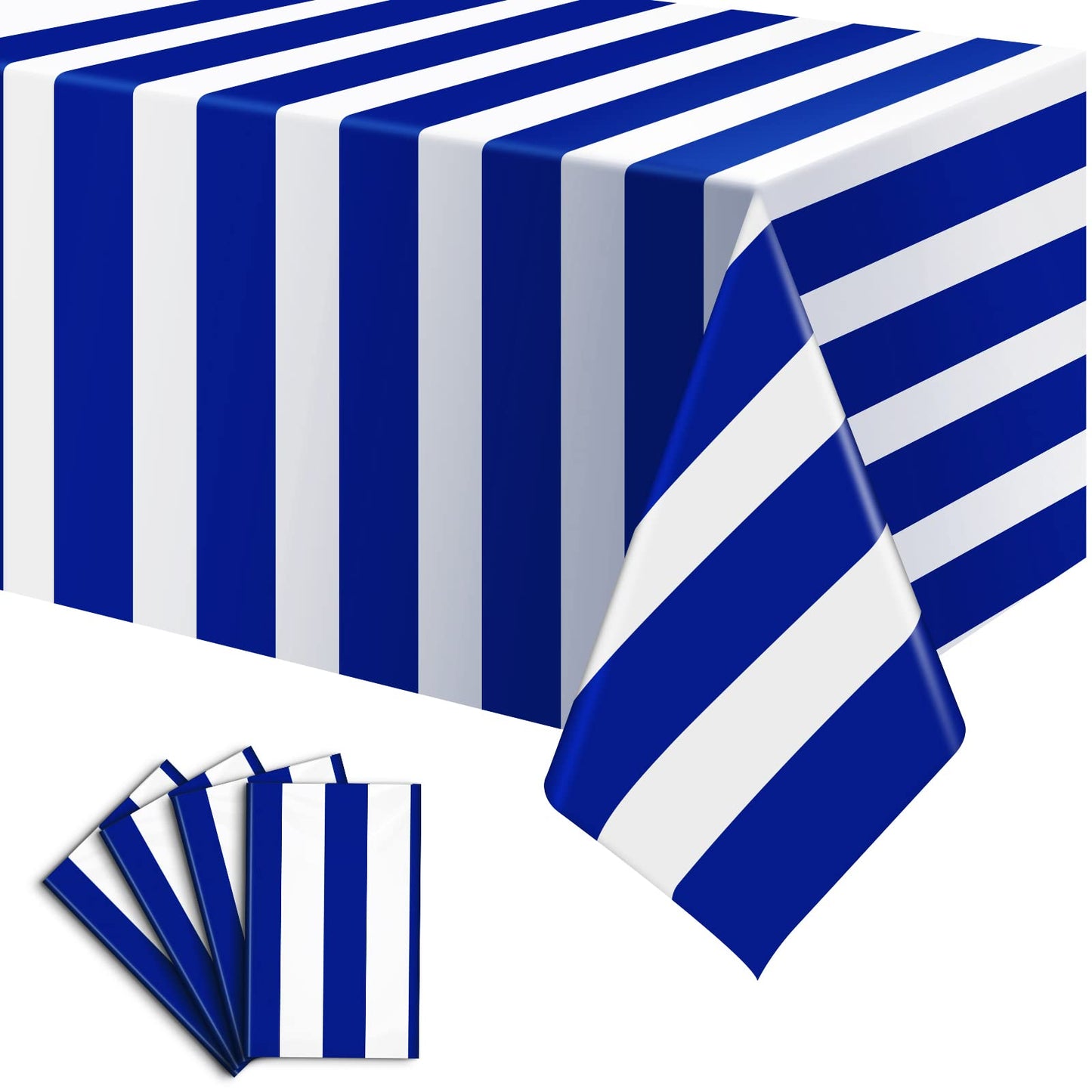 4 Pack Blue and White Striped Tablecloth, 54 x 108 Inch Waterproof Disposable Plastic Table Cover, Rectangular Table Cloths for 