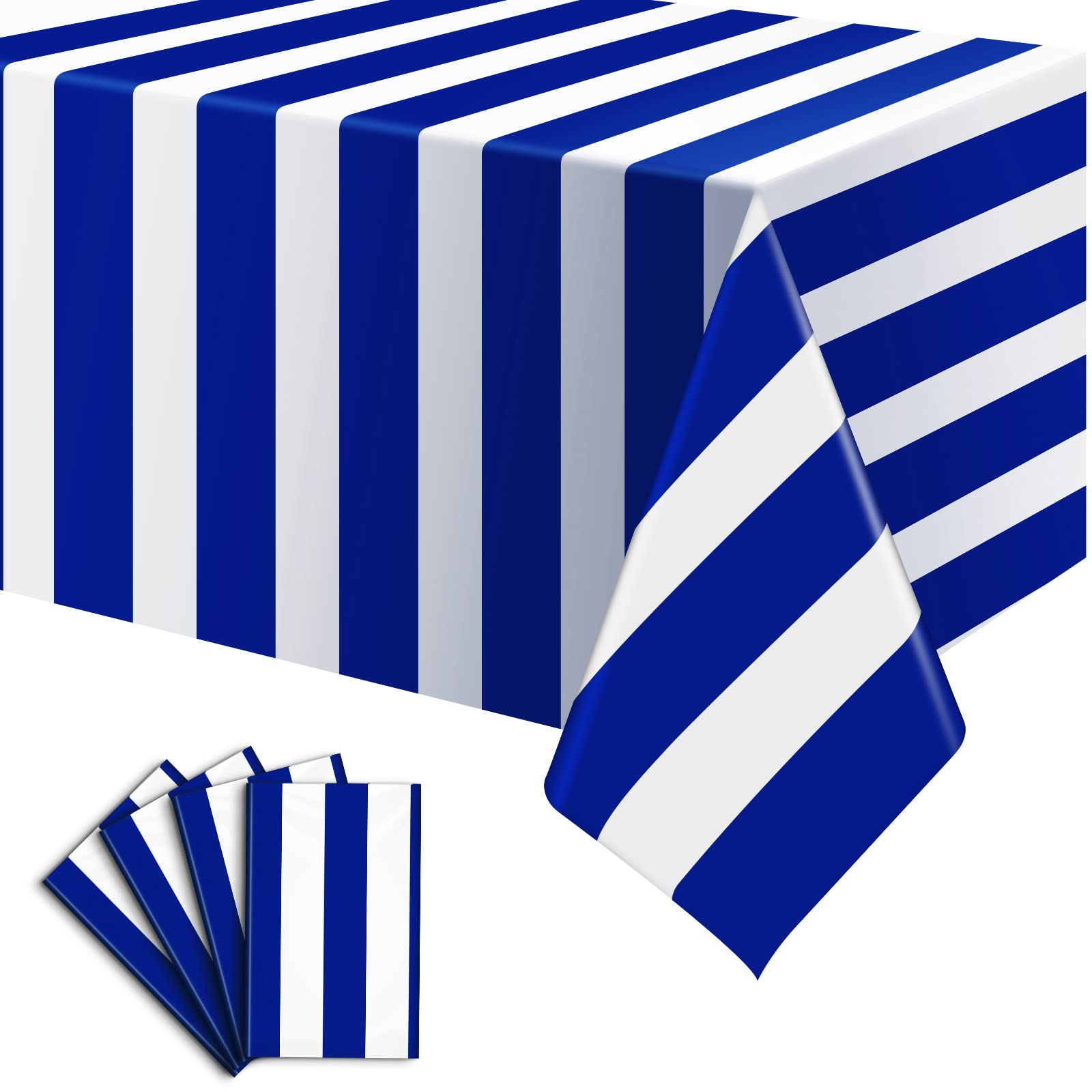4 Pack Blue and White Striped Tablecloth, 54 x 108 Inch Waterproof Disposable Plastic Table Cover, Rectangular Table Cloths for 