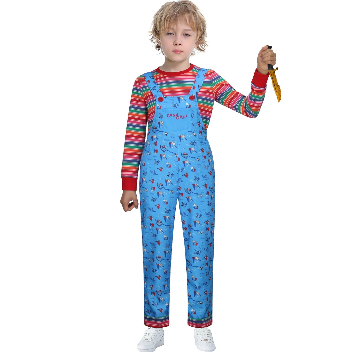 Foghorn Kids Chucky Halloween Costume Boys Girls Blue Floral Overalls Striped Top Rompers Jumpsuit Cosplay Outfit(150)