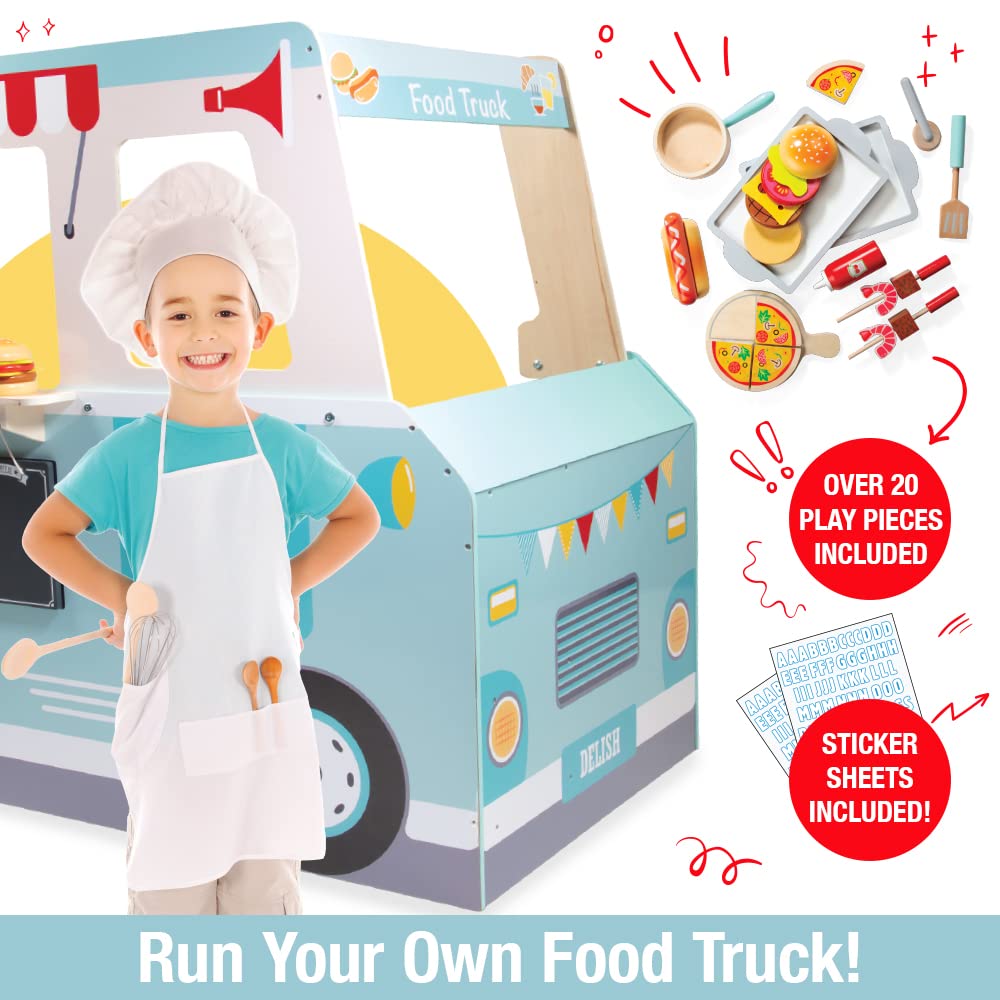 Food Truck Wooden Playset, 20 Fun Toy Pieces Including Cook Top, Steering Wheel, Sticker Sheet for Kids Name, includes Food Tray