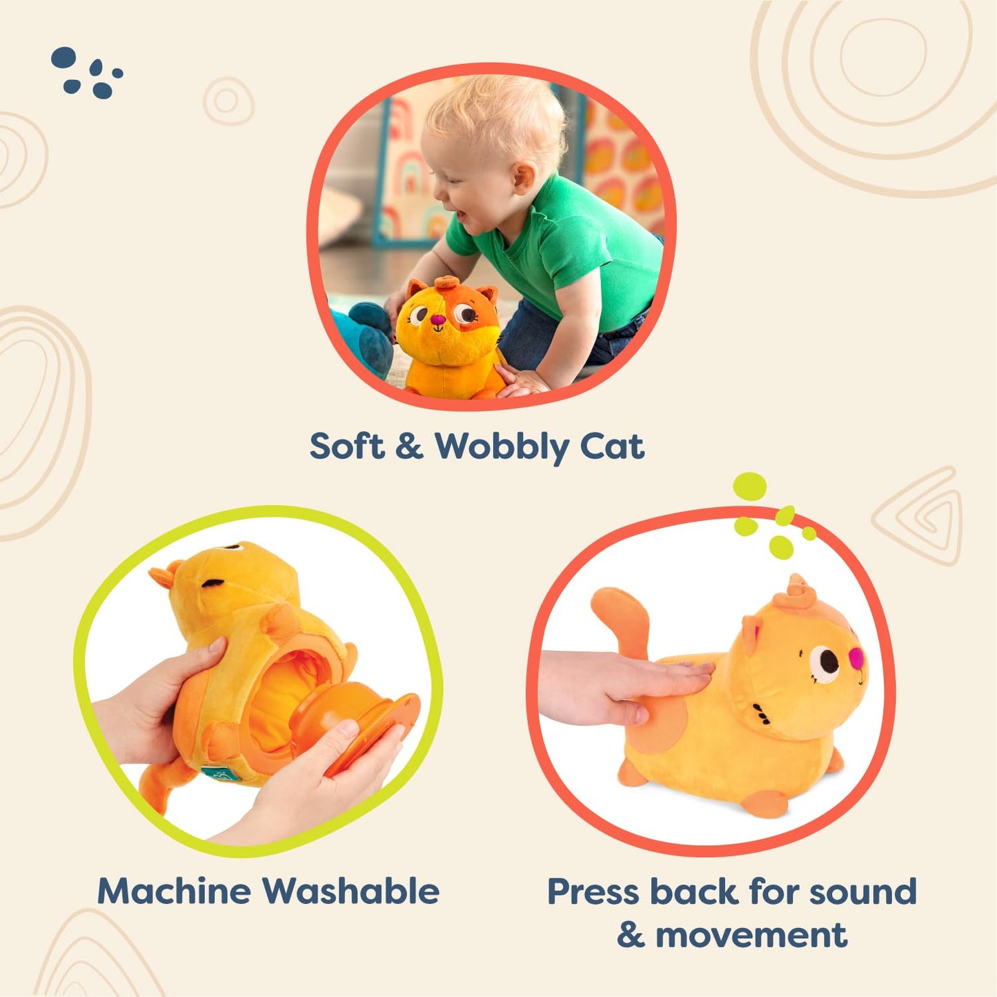 B. toys Plush Crawling Cat  Interactive Meowing Plush Toy for Babies & Toddlers  Washable, Multicolor, Model BX2120Z