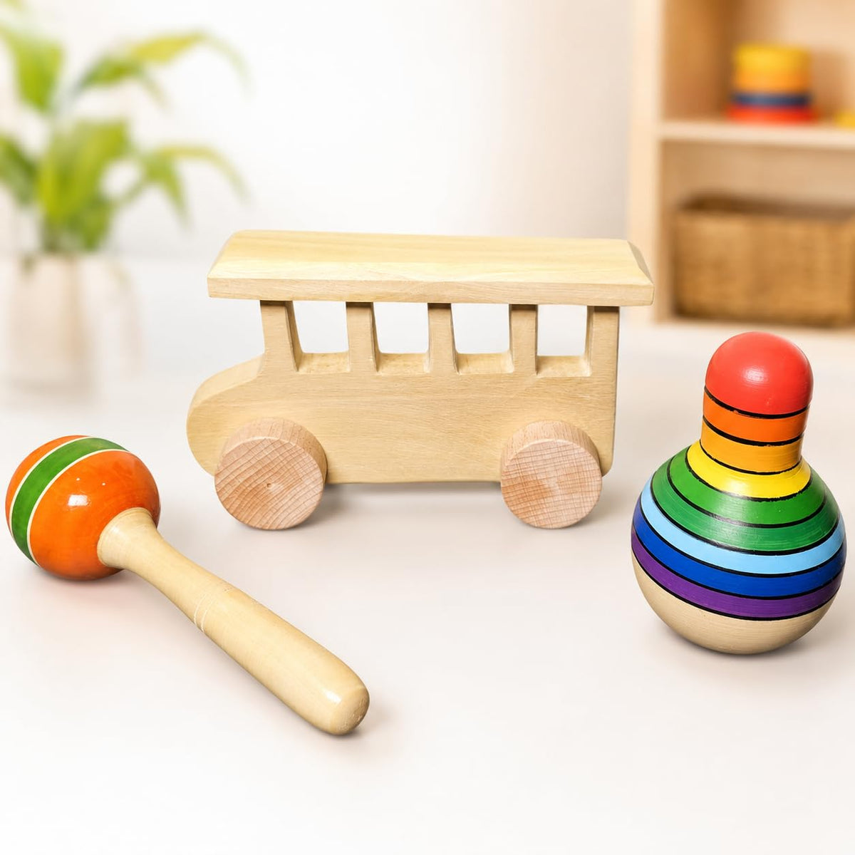 Montessori Wooden Toy Gift Set For Toddlers, Handcrafted Wooden Bus, Rainbow Stacker And Maraca Rattle, Educational, Learning To