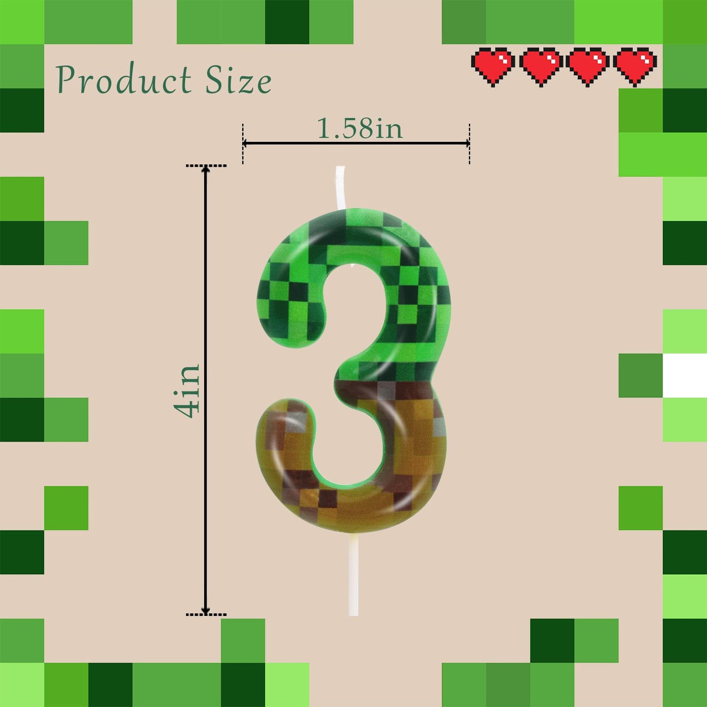 3rd Pixel Miner Birthday Candles, Pixels Cake Topper for Boys Girls, TNT Themed Birthday Decorations Party Supplies (Number 3)