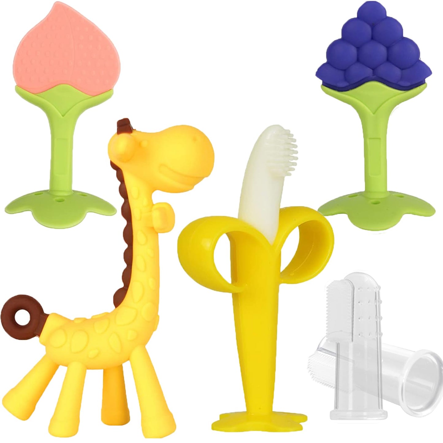 HAILI XMGQ Baby Teething Toys Set - 7 Piece Silicone Teether & Banana Finger Toothbrush, BPA Free, Pink Giraffe Shape for Infants