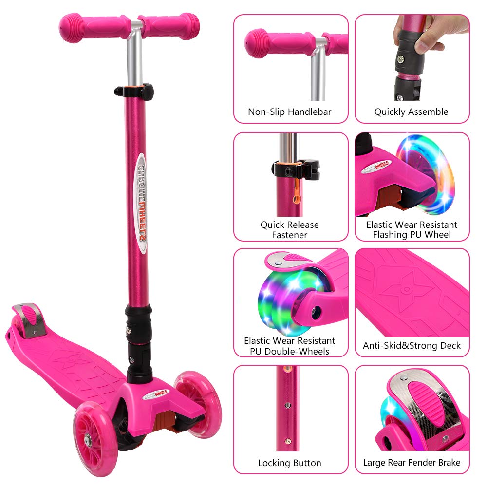 ChromeWheels Deluxe Kick Scooter for Kids, 3 Wheel, Foldable, 4 Adjustable Heights, LED Light Up Wheels, Pink, Model CW8009L-Pink
