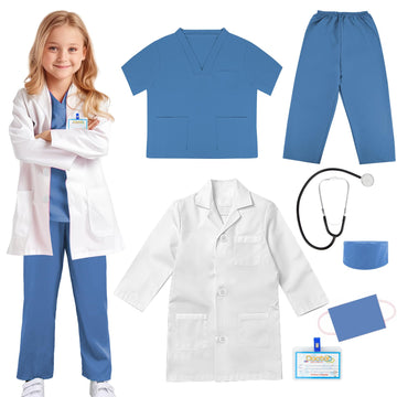 Cotatero Doctor Scrubs Costume For Kids With Stethoscope Lab Coat Career Day Costume Halloween Dress Up For Boys Girls 3-12 (Blu