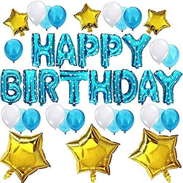 HK balloons Cute Birthday Party Decorations Set  Blue Happy Birthday Balloon Letters Banner, 6 Pieces Gold Mylar Foil Star, 21 