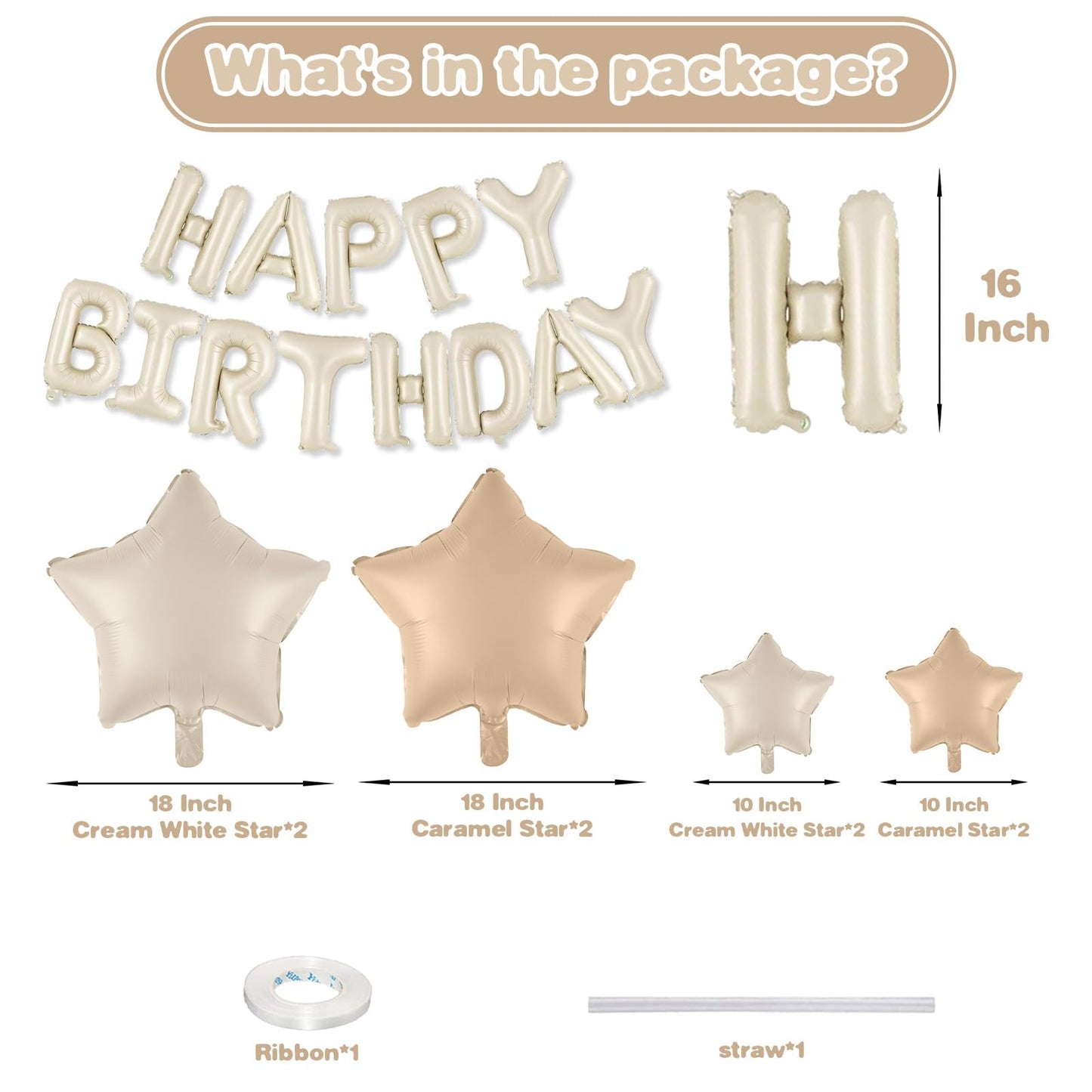 Happy Birthday Balloons Banner, Cream Happy Birthday Foil Balloons 16 Inch Mylar Foil Letter Balloons With 8 Pcs Cream Caramel B