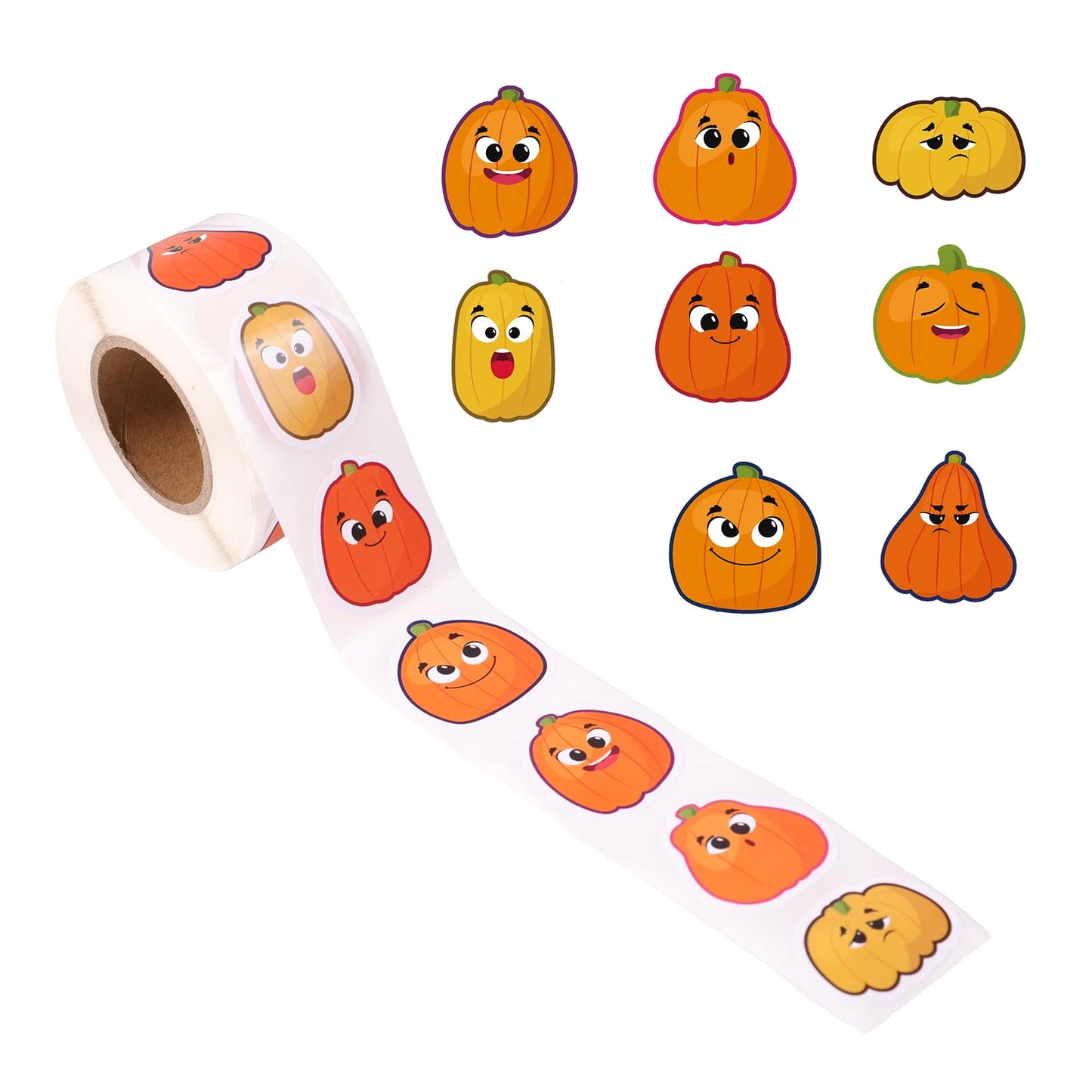 500pcs Halloween Pumpkin Stickers, 8 Styles Self-Adhesive Fall Pumpkin Stickers Decals Roll with Funny Expressions Envelopes Scr