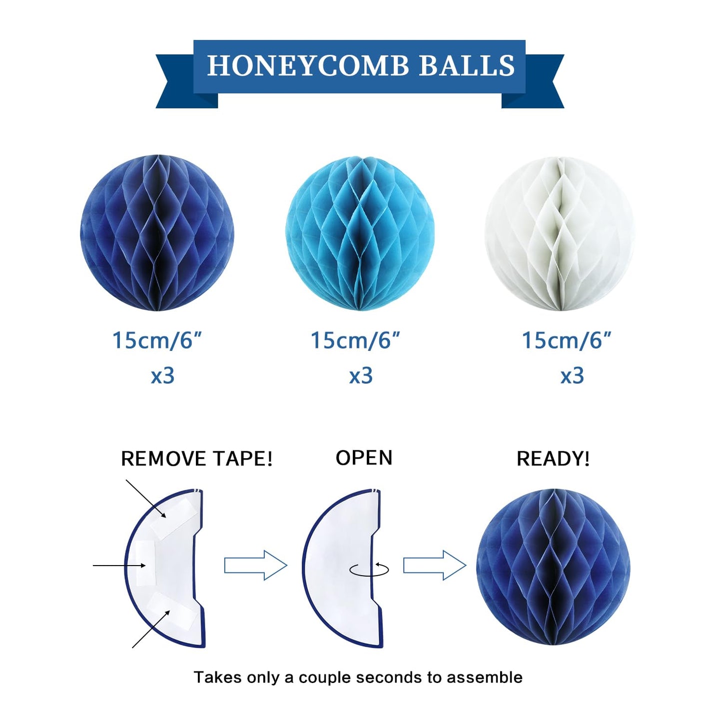 LITAUS, Birthday Decorations, NO DIY - Pack of 17 | Navy Blue Happy Birthday Banner, Honeycomb Balls, Swirls, Garland | Happy Bi