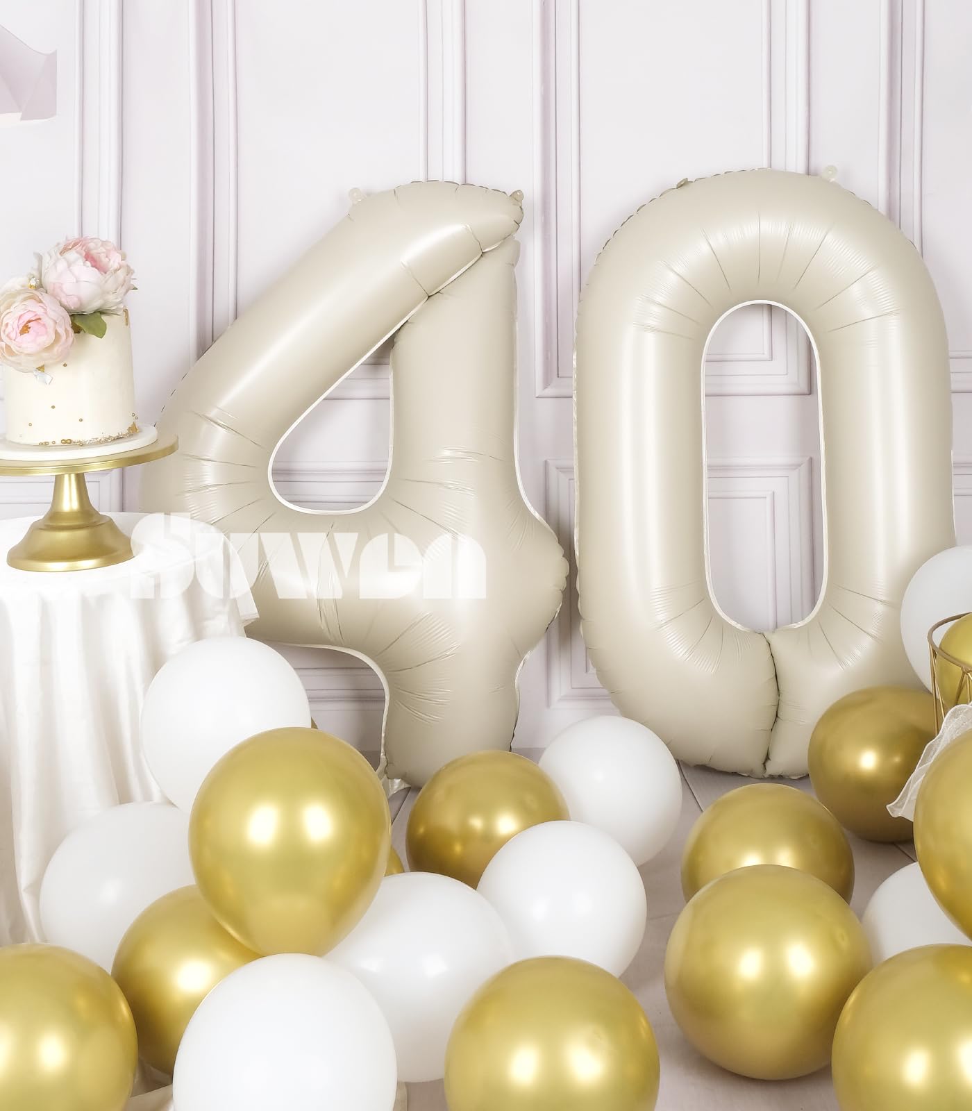 Suwen 40 Inch Large Cream White 40 Balloon Numbers Big Foil Helium Number Balloons 0-9 Jumbo Happy 40Th Mylar Birthday Party Dec