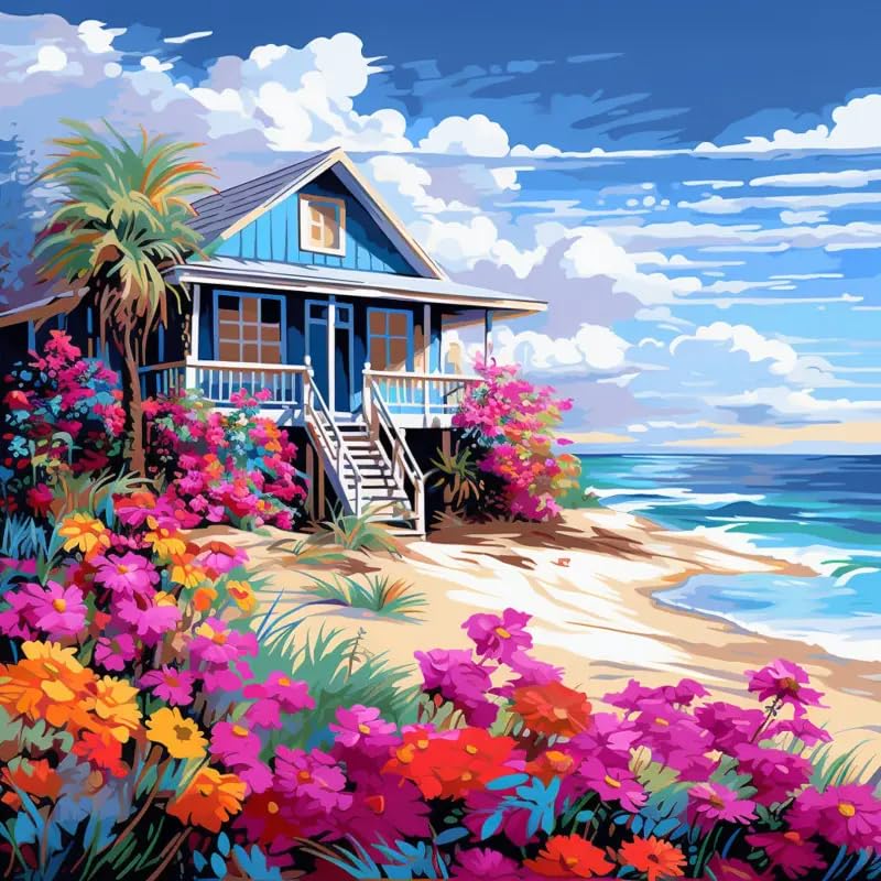 Tulip N Turtle Beach House Diy Acrylic Paint By Number Kit For Adults Beginner Canvas Painting By Number Acrylic Painting. Wall 
