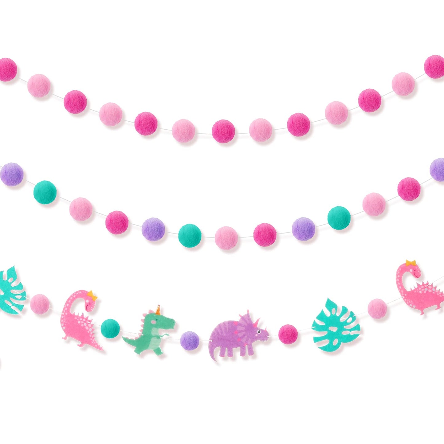 Kingdder 3 Pcs Pink Dinosaur Banner Party Decoration for Girls Pink Pom Pom Birthday Garland Felt Ball Banner Dinosaur Theme Hol